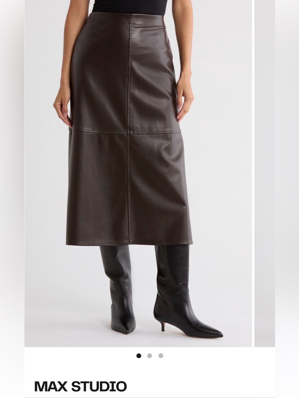 Max Studio Dark Brown Faux-Leather Midi Skirt